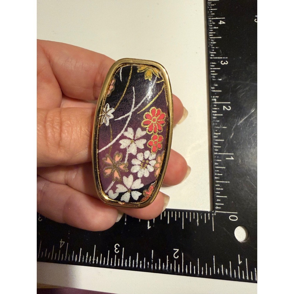 Vintage Japanese Washi Paper Kimono Scarf Slide Clip Gold Tone Floral Purple